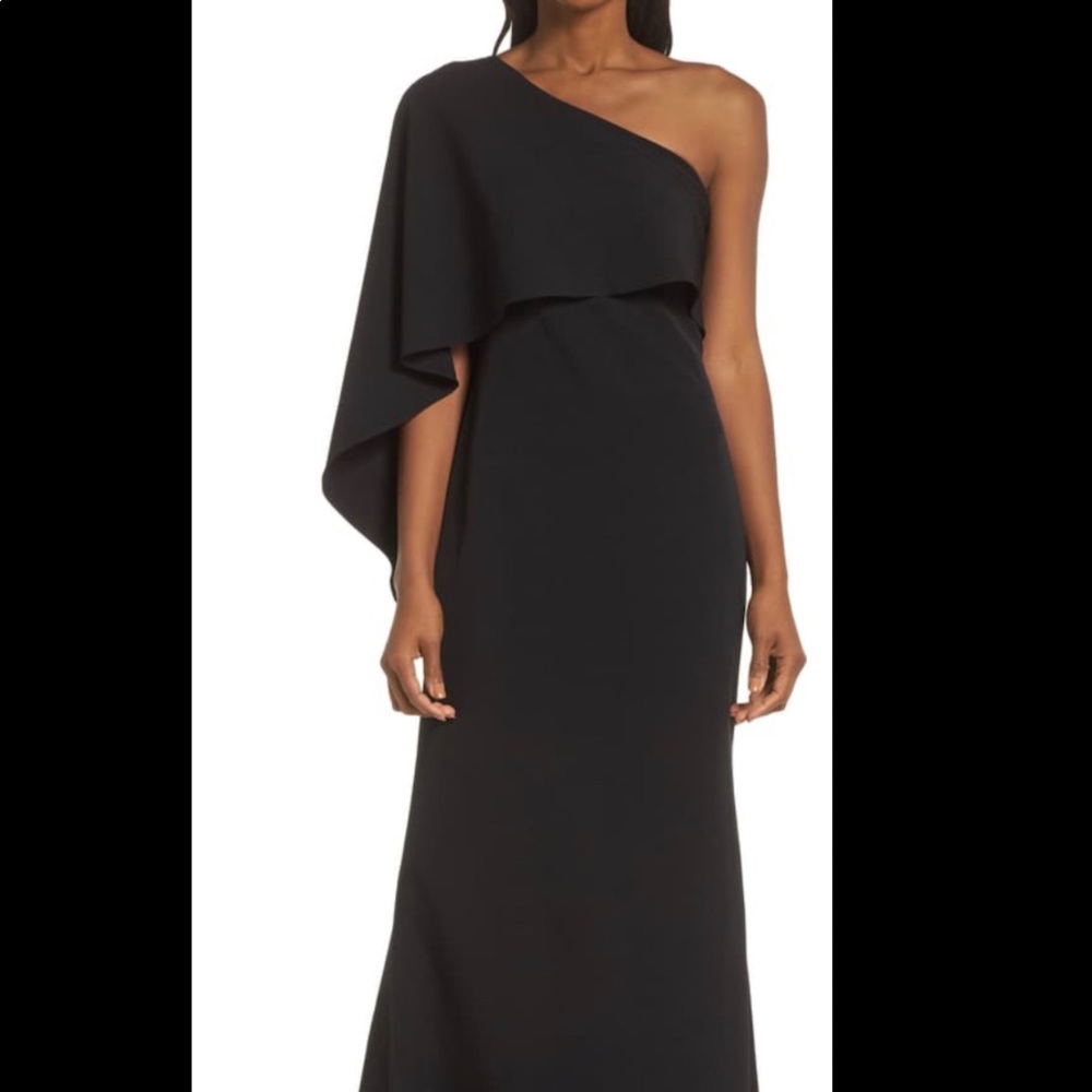 Vince Camuto one shoulder cape evening dress